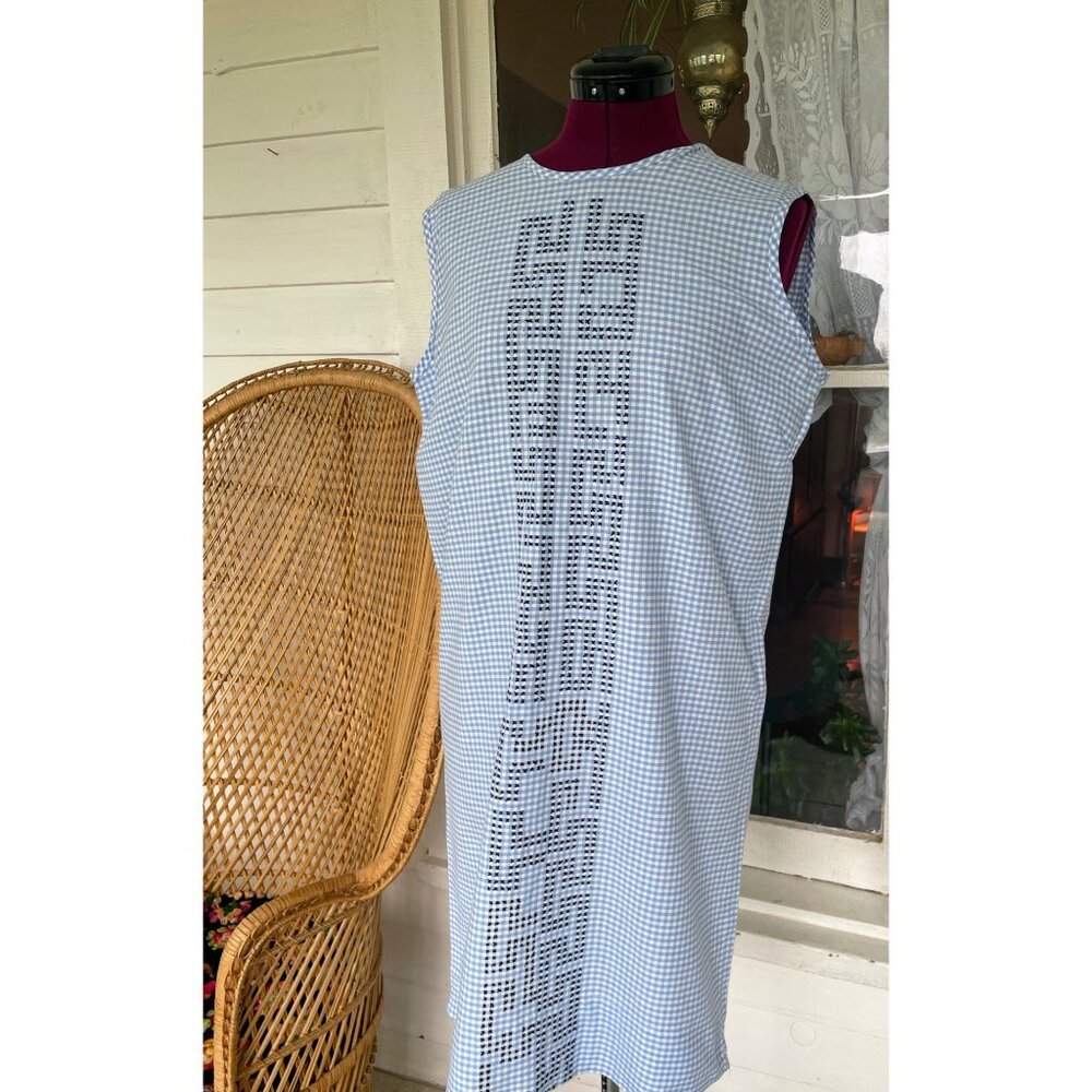 Vintage 1960s Blue White Gingham Checked Embroidered Cotton House Dress L/M - Picture 13 of 16
